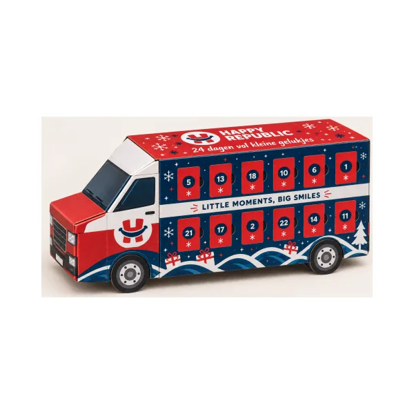 Advent Kalender in de vorm van een bestelwagen gevuld met chocolade
