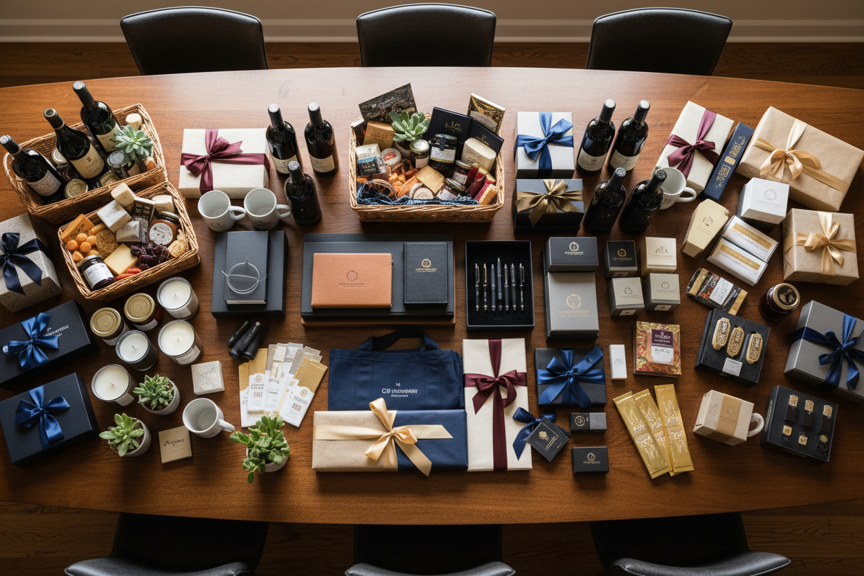 overzicht van relatiegeschenken op een grote tafel